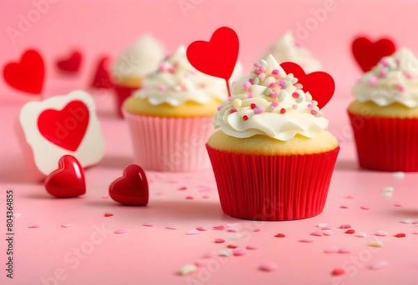Fototapeta A close-up of a vanilla cupcake with pink frosting and heart-shaped sprinkles on top