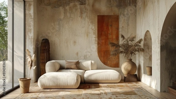 Fototapeta Leaning against cozy fabric sofa, Functional Furniture, Texture Contrast, Personalization, The frame leans against a cozy fabric sofa, personalized charm to the inviting seating area