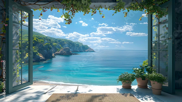 Fototapeta Tranquil Coastal Retreat: A Serene Seaside View Through a Window, Perfect for Relaxation and Vacation