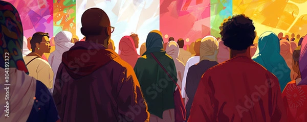 Fototapeta Illustrate a community event on USA Prayer Day where people of different ethnicities are sharing prayers and stories under a banner that reads  Unity in Diversity