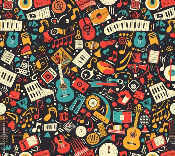 Fototapeta Seamless pattern illustration colorful with music and a variety of instruments.