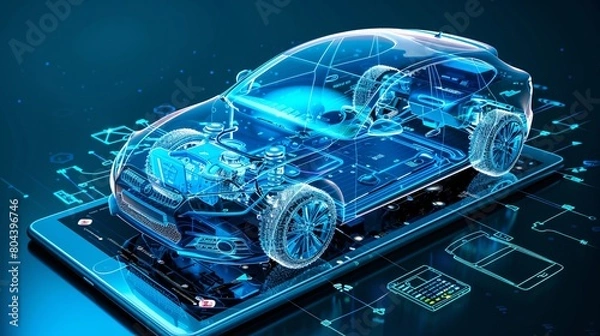 Obraz Application for a digital tablet for wireless diagnostics and analysis of the technical condition of the electric motor in the car and the state of the battery. Car model shown in 3D projection 