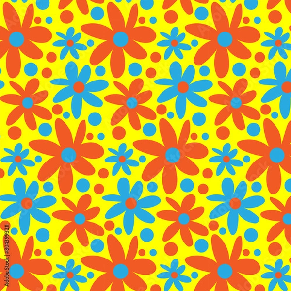 Fototapeta Bright seamless pattern with daisies. Minimalistic texture with daisy buds and orange and blue circles on a yellow background. Print for decoration and printing.