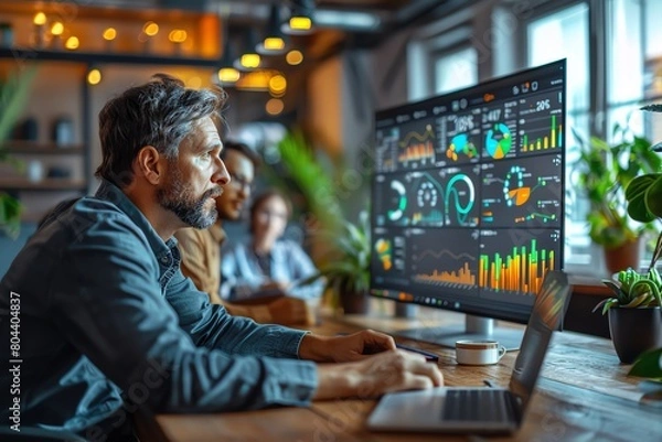 Obraz A dynamic business presentation in a modern conference room, featuring a diverse team engaging with digital data visualizations on a large screen, early morning light streaming in