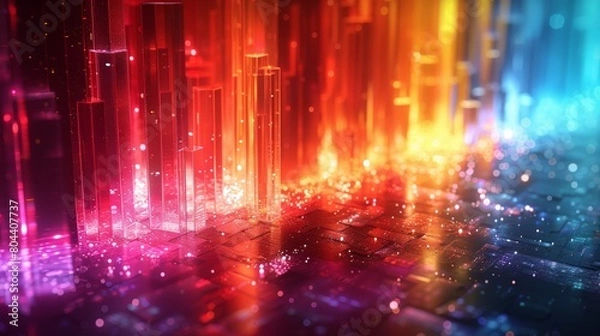 Fototapeta Vibrant 3D Render of Abstract Multicolor Cityscape with Glowing Lights and Reflections