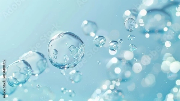 Fototapeta Flowing water bubbles,Water molecule,bubbles, light blue gradient,minimalism