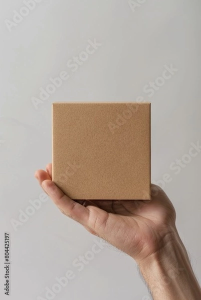 Fototapeta Hand holding a square brown paper box in front of beige background
