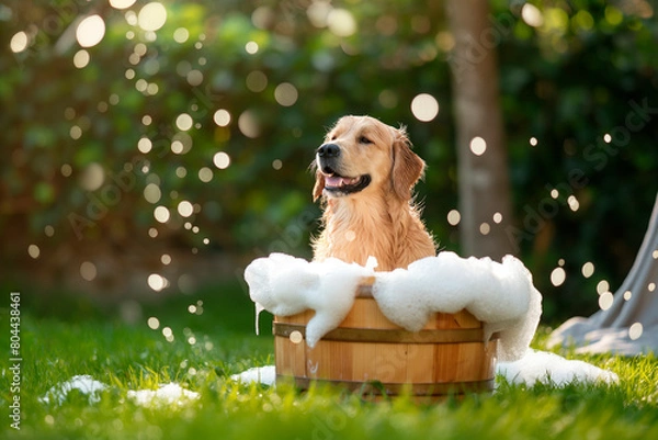 Fototapeta Golden retriver dog is bathing in the garden of the house. The animal is inside a rustic wooden tub where the foam from the pet shampoo overflows. 