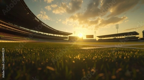 Fototapeta An 8K wide angle shot of a cricket stadium with the sun rising behind it and a realistic low angle setup depicting dawn.