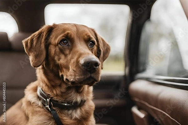 Fototapeta A brown dog sitting inside a car.