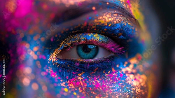 Obraz Vibrant hues: close-up of an eye adorned with colorful makeup. Stunning close-up image capturing a blue eye surrounded by vibrant, multicolored makeup with shimmering gold speckles. 
