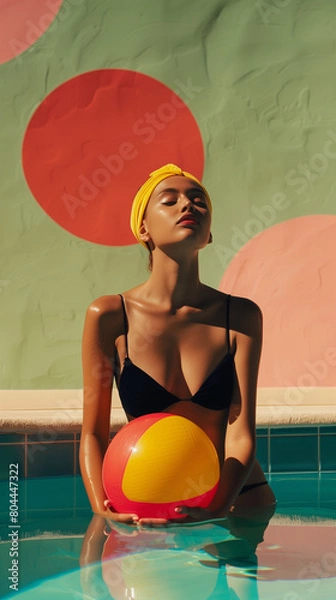 Obraz Sunlit serenity, poolside elegance. Stylish woman in a chic black swimsuit rests poolside, holding a colorful beach ball.