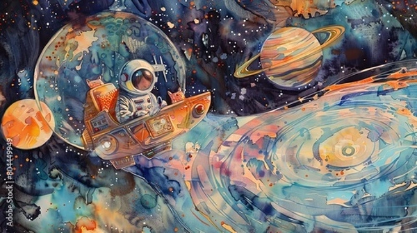 Fototapeta Enchanting watercolor featuring a small pilot and their pet floating in a space capsule, exploring a vividly painted solar system
