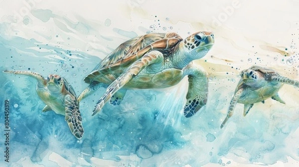 Fototapeta Gentle watercolor illustration of a mother sea turtle and her hatchlings on their first swim, the soft colors evoking a sense of wonder and discovery