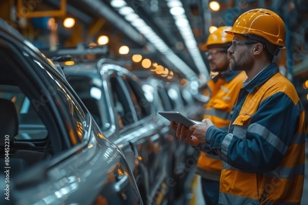 Fototapeta Team of engineers with tablets discussing in car assembly plant, dynamic angle, harsh overhead light,