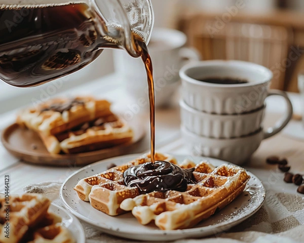 Fototapeta liege waffles being poured with chocolate sauce