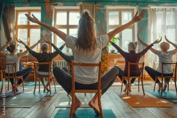 Obraz A group of people are doing yoga in a room with chairs and a potted plant