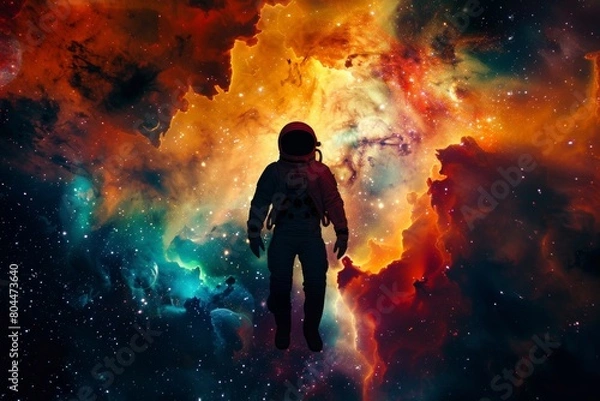 Fototapeta A lone astronaut in a classic pop art pose, silhouetted against a vibrant nebula