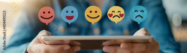 Fototapeta Close-up of a customer on tablet, completing feedback with emoticons from happy to sad. Soft focus captures thoughtful expression, revealing diverse reactions.