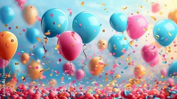 Fototapeta A dynamic and colorful image capturing balloons surrounded by a flurry of red and blue confetti, perfect for illustrating celebrations, parties, and festive events,celebration concept