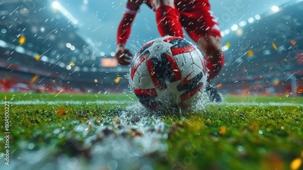 Fototapeta dynamic active pose of football or soccer player running fast and kicking a ball while training at dramatic stadium shot