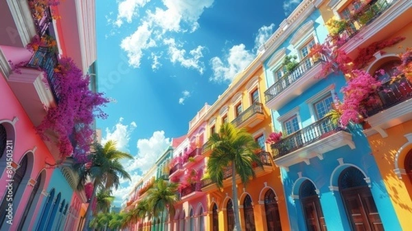 Obraz Exploring the colorful streets of Old San Juan, vibrant buildings, tropical atmosphere. Photorealistic. HD.