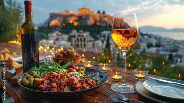 Obraz Sampling authentic Greek mezes in Athens, rooftop dining, Mediterranean flavors, local wines. Photorealistic. HD.