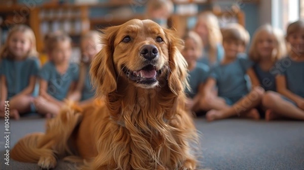 Fototapeta Service dog presentation at a school, kids sitting in a circle, engaged and learning. Photorealistic. HD.