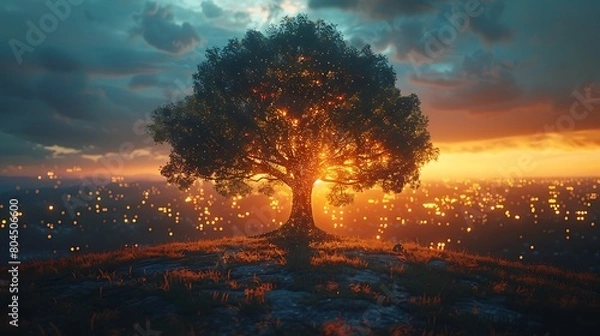 Fototapeta Visualize an Economic Growth Tree with its branches elegantly shaped like upward-trending financial graphs, set against a serene sky backdrop, symbolizing sustainable and organic financial growth.