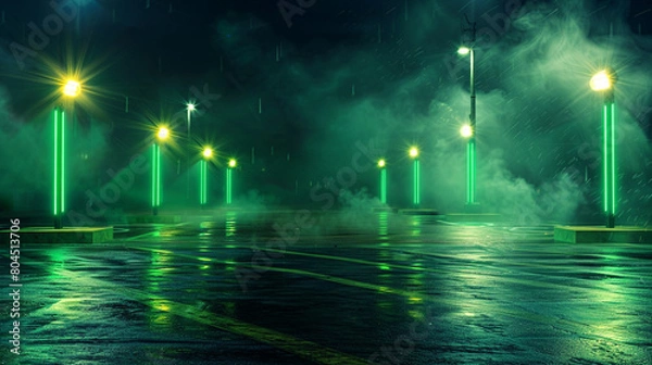 Fototapeta An abandoned parking lot at night, lit solely by green neon searchlights positioned at the corners