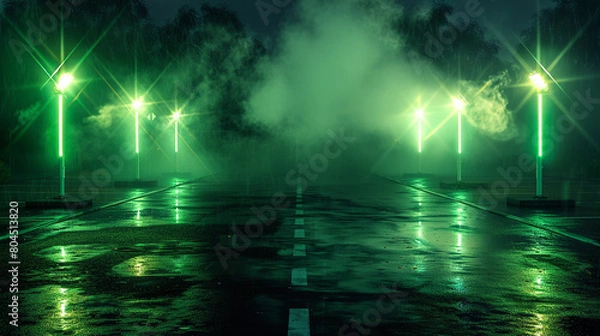 Fototapeta An abandoned parking lot at night, lit solely by green neon searchlights positioned at the corners
