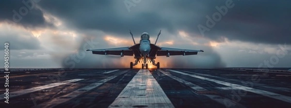 Fototapeta panoramic view wide poster of a generic military aircraft carrier ship with fighter jets take off