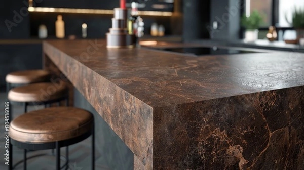 Fototapeta   A bar with a counter featuring a bottle of wine and stools, alongside a background bottle of wine
