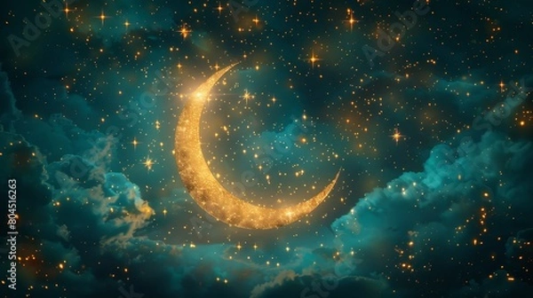 Fototapeta   A crescent moon in the night sky, surrounded by stars