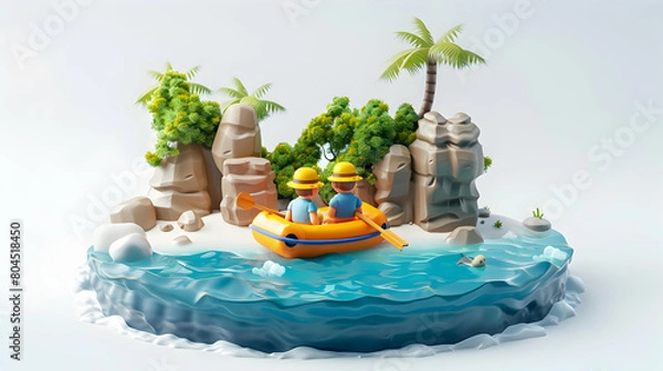 Fototapeta 3D Cartoon Icon of Adventurous Couple Exploring Coastal Beauty Along Rugged Shoreline in Coastal Adventure Concept