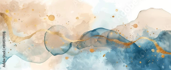 Fototapeta A painting of wave in shades of blue and gold, capturing the dynamic movement and energy of the ocean. The wave appears to be crashing against an unseen surface, creating a sense of power and movement