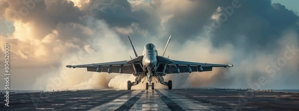 Fototapeta panoramic view wide poster of a generic military aircraft carrier ship with fighter jets take off