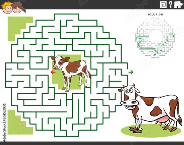 Fototapeta maze game with cartoon calf and cow animal characters