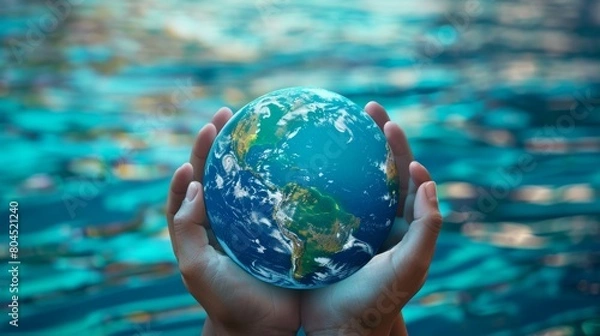 Fototapeta holds a global in their hand while standing in water. Concept of responsibility and awareness towards the environment, Sustainable development