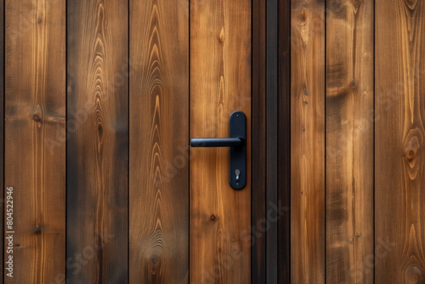 Fototapeta Photo of a modern wooden door with a black handle on a wooden wall, close up. Minimalist interior design of the entrance in the style of the house