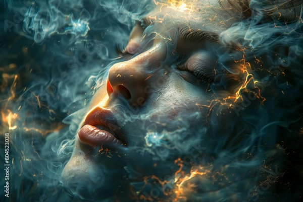 Fototapeta Close-up of a woman's face in smoke with lightning. Mental burnout  and anxiety conceptual background.