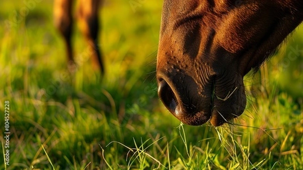 Obraz Horse grazing, close up on muzzle and grass, detailed texture, tranquil pasture, golden hour 