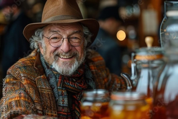 Fototapeta Smiling elderly man wearing glasses and a hat, surrounded by market atmosphere