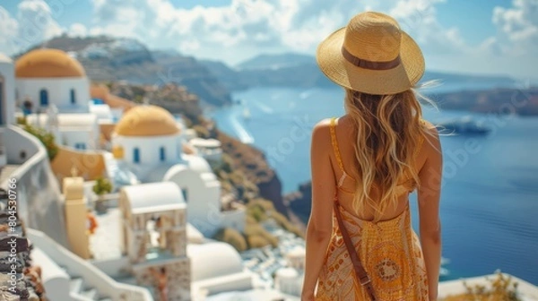 Fototapeta Young Woman Admiring The Scenic Views of Santorini, Greece in Summer
