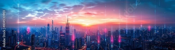 Fototapeta Cityscape with 5G towers, soft twilight, wide lens, highspeed communication network spanning the urban landscape