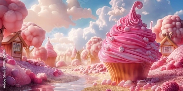 Fototapeta A candy and sweet themed fantasy world with attractive and bright multi-colored buildings and plants. Full of joy and happiness