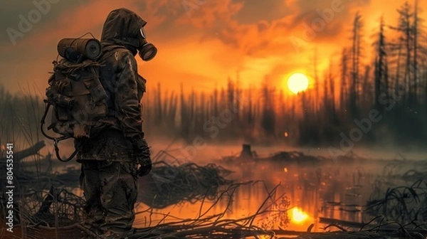 Fototapeta A man in a chemical protective suit with a backpack against the backdrop of a dead lake