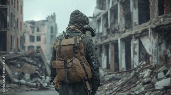 Fototapeta A man in a chemical protective suit with a backpack against the background of a destroyed city