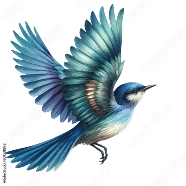Fototapeta A watercolor painting of a bluebird in flight with its wings spread wide.