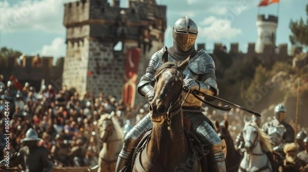 Fototapeta A knight on horse with a sword is riding in front of a crowd